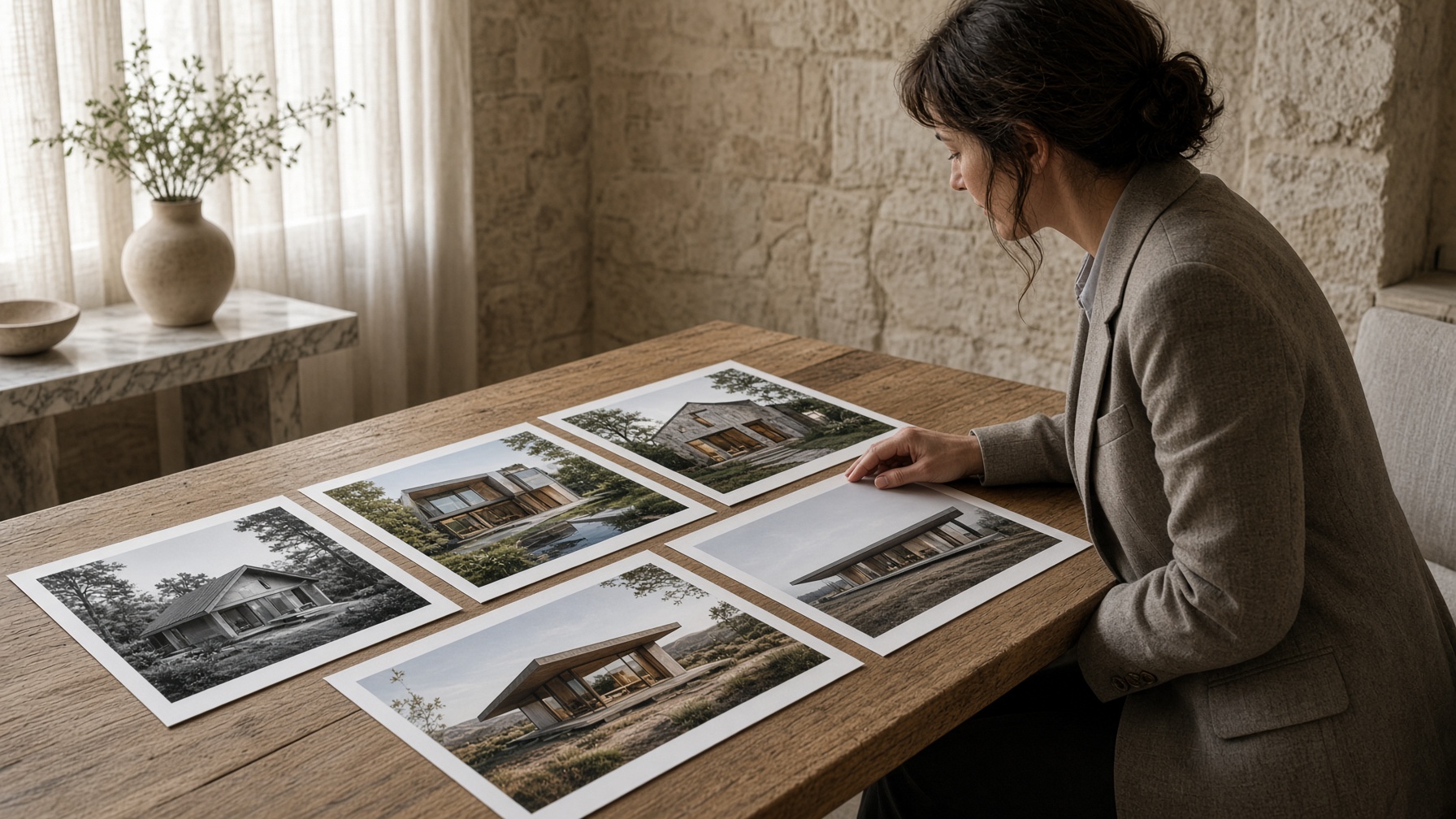 Uma mesa com fotografias de vários imóveis, a carteira em revisão