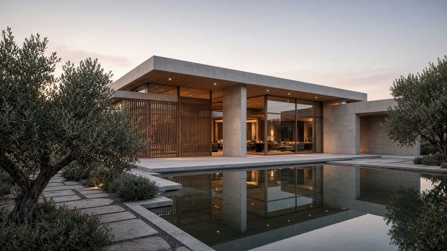 Uma casa contemporânea ao entardecer, um único ativo