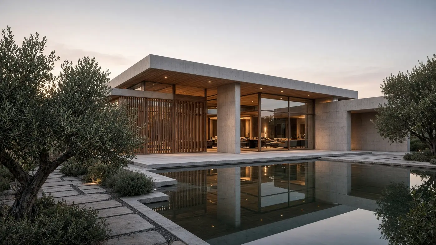 Uma casa contemporânea ao entardecer, um único ativo